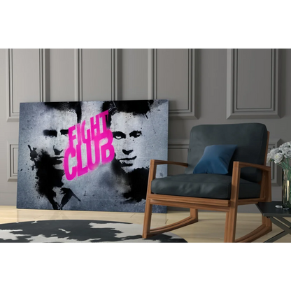 Grayscale Fight Club canvas wall art print with bold pink lettering