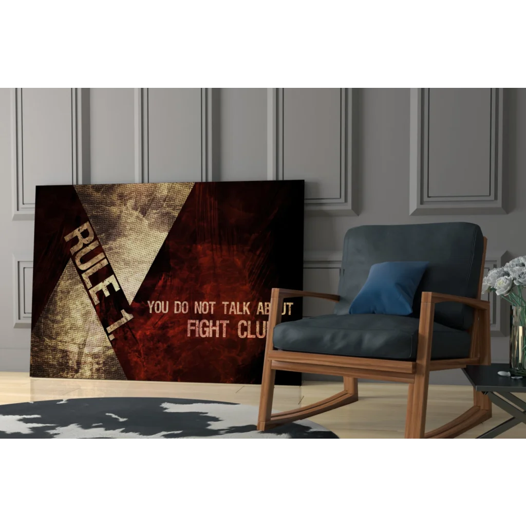 Fight Club Rule 1 canvas wall art print in bold gold and red tones