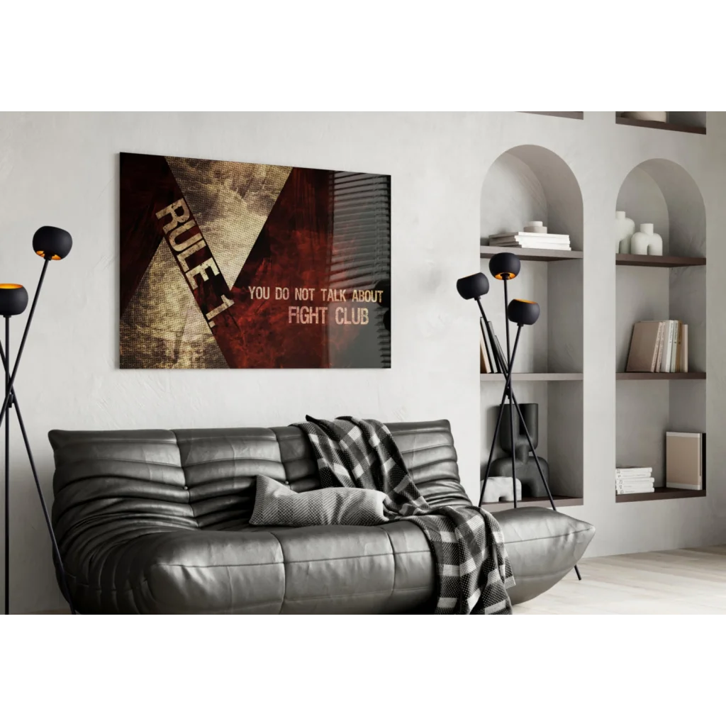 Fight Club Rule 1 canvas wall art print with bold distressed text on textured dark red background