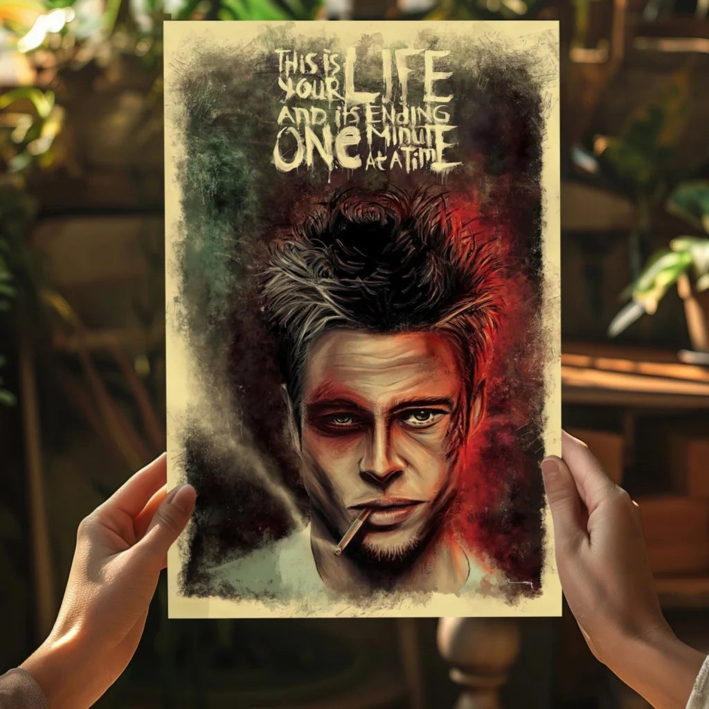Fight Club Brad Pitt insigne aluminum print with dramatic vintage poster