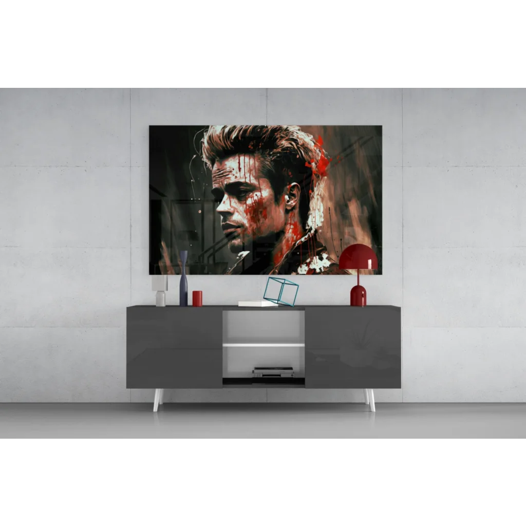 Stylized Brad Pitt glass wall art print in black-and-white with red splatters