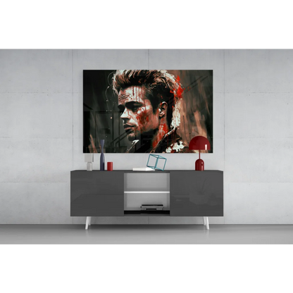 Stylized Brad Pitt glass wall art print in black-and-white with red splatters
