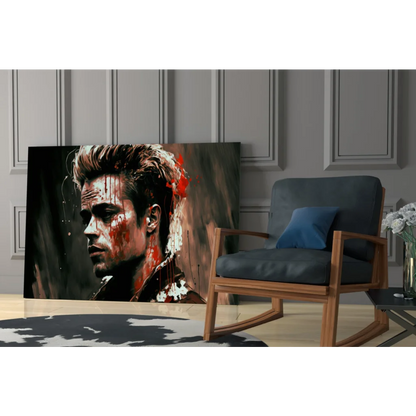 Abstract Brad Pitt glass wall art print with bold red splatters