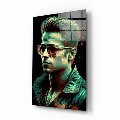 Vibrant Brad Pitt pop art glass wall masterpiece in sunglasses and denim jacket