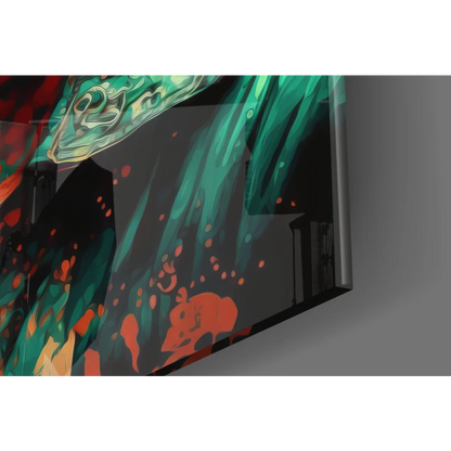 Vibrant Brad Pitt pop art glass wall masterpiece with swirling teal orange patterns