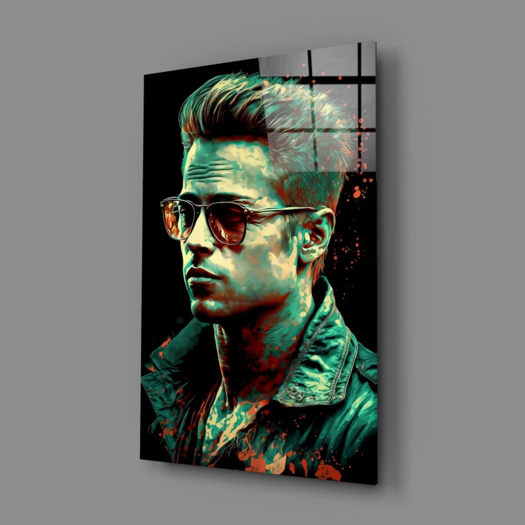 Vibrant Brad Pitt pop art glass wall masterpiece in teal red splatters