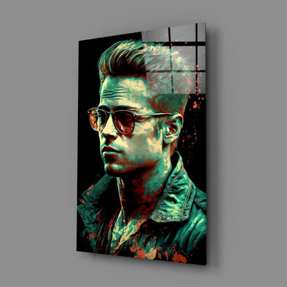 Vibrant Brad Pitt pop art glass wall masterpiece in teal red splatters
