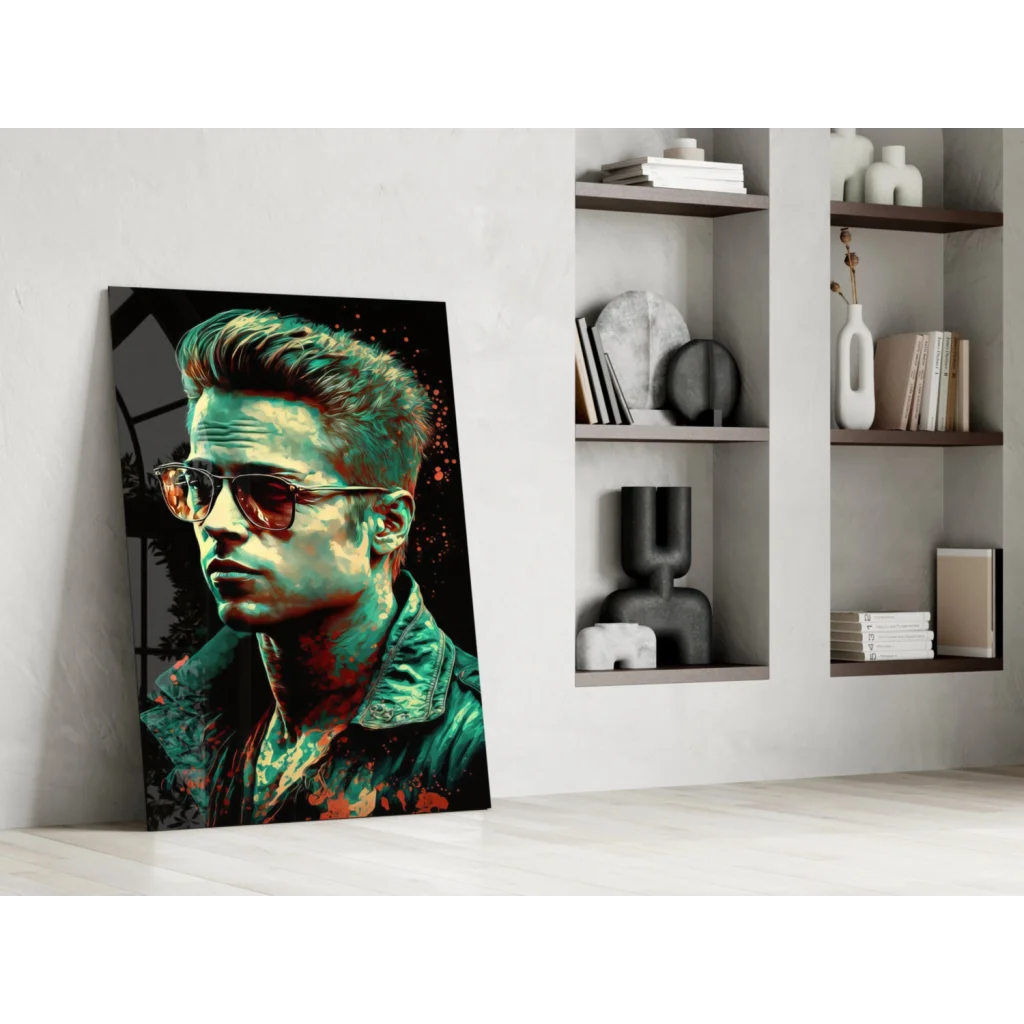 Stylized Brad Pitt in aviators on vibrant teal orange glass wall art