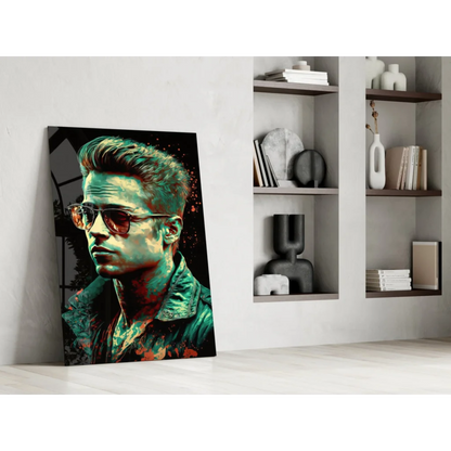Stylized Brad Pitt in aviators on vibrant teal orange glass wall art