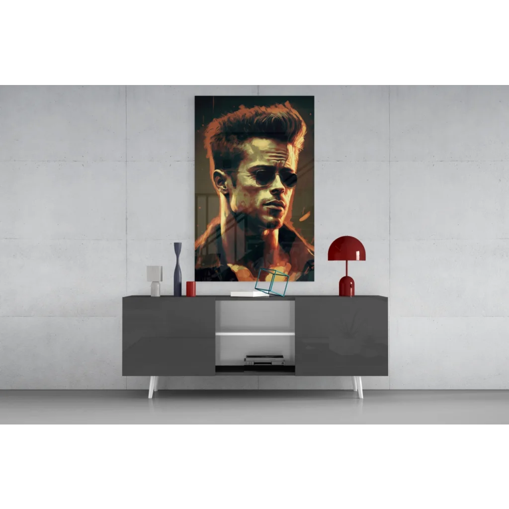 Stylized Brad Pitt sunglasses portrait on glass wall art canvas