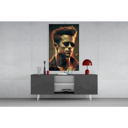 Stylized Brad Pitt sunglasses portrait on glass wall art canvas