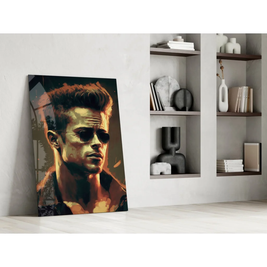 Stylized Brad Pitt in sunglasses on dark shirt glass wall art canvas