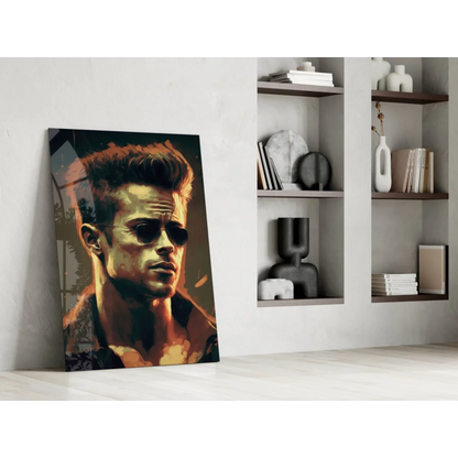 Stylized Brad Pitt in sunglasses on dark shirt glass wall art canvas