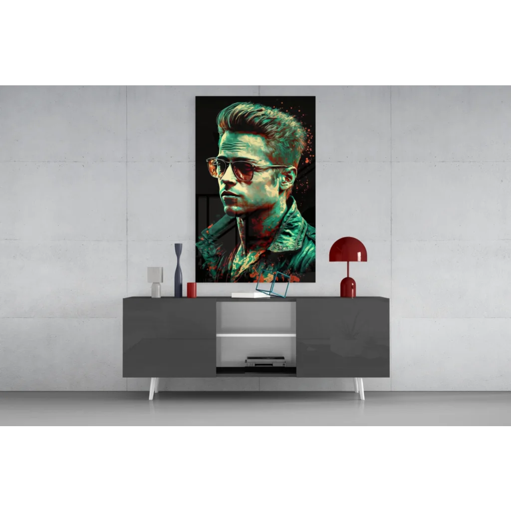Vibrant Brad Pitt pop art glass wall masterpiece in teal and red