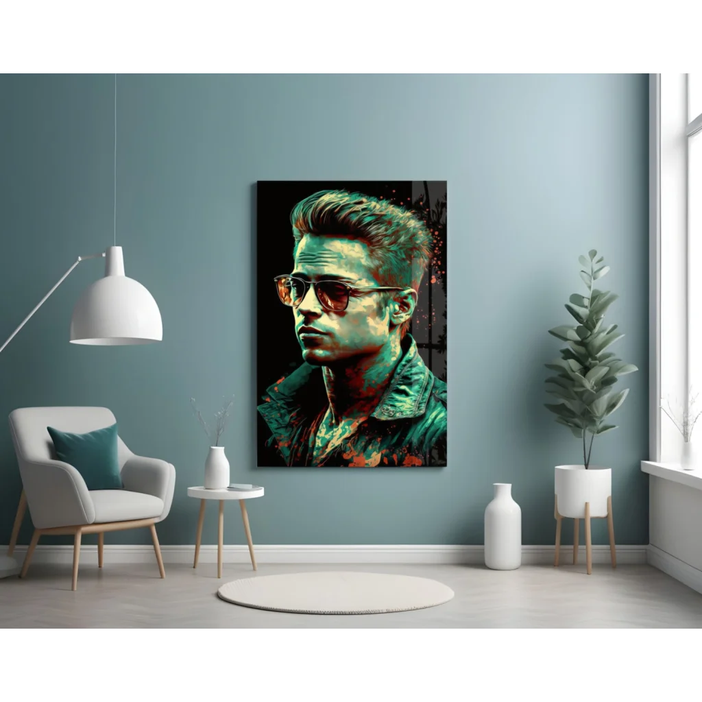 Vibrant Brad Pitt pop art glass wall masterpiece with sunglasses