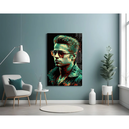 Vibrant Brad Pitt pop art glass wall masterpiece with sunglasses