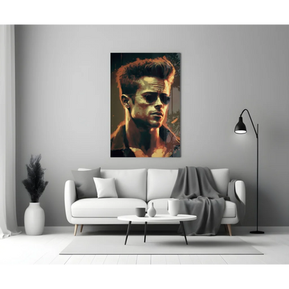 Stylized Brad Pitt sunglasses portrait on glass wall art canvas