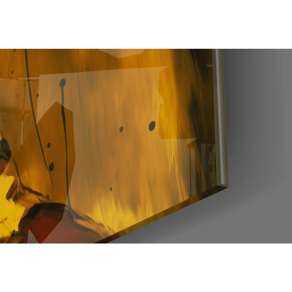 Abstract glass wall art with bold yellow orange brushstrokes black dots