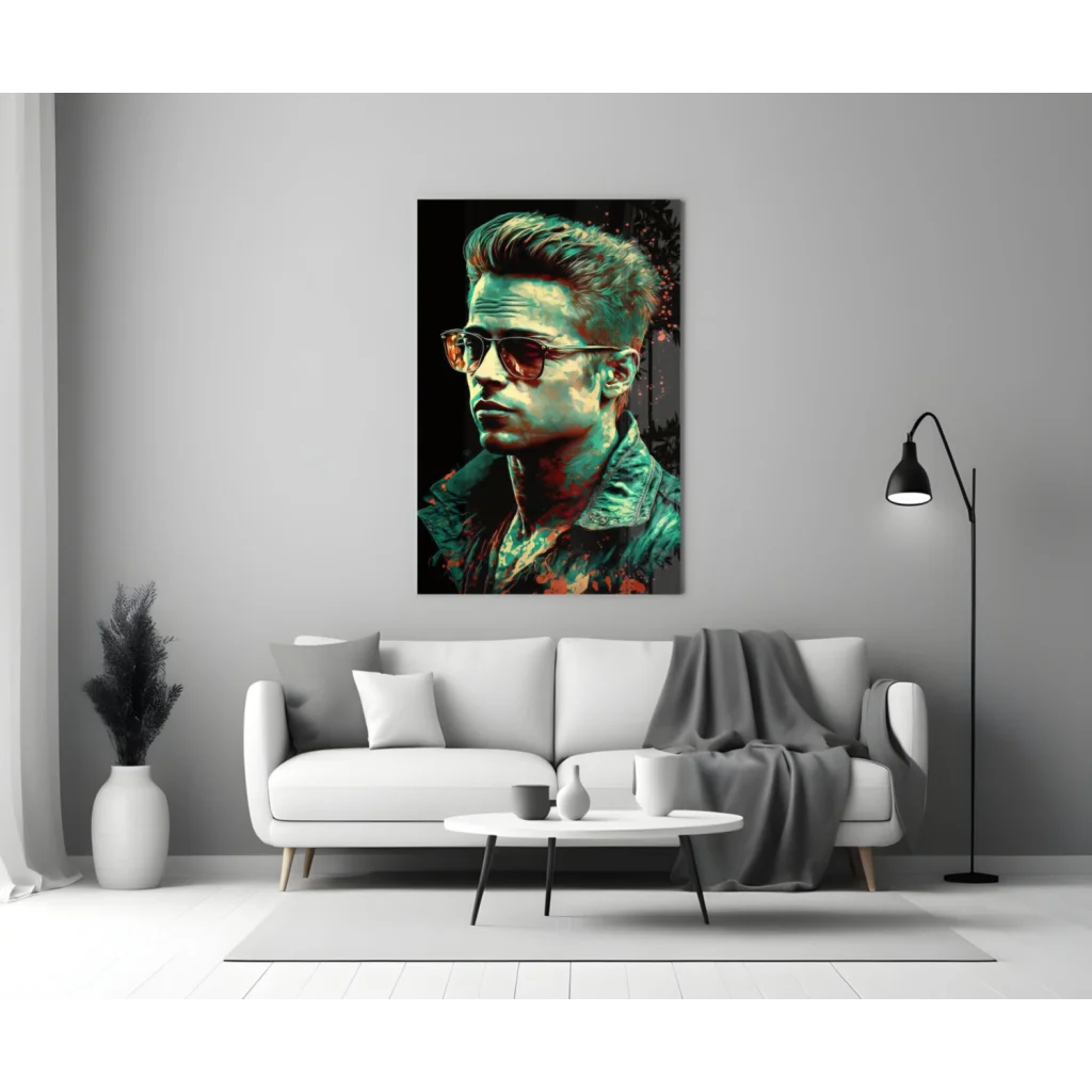 Vibrant Brad Pitt pop art glass wall masterpiece with sunglasses
