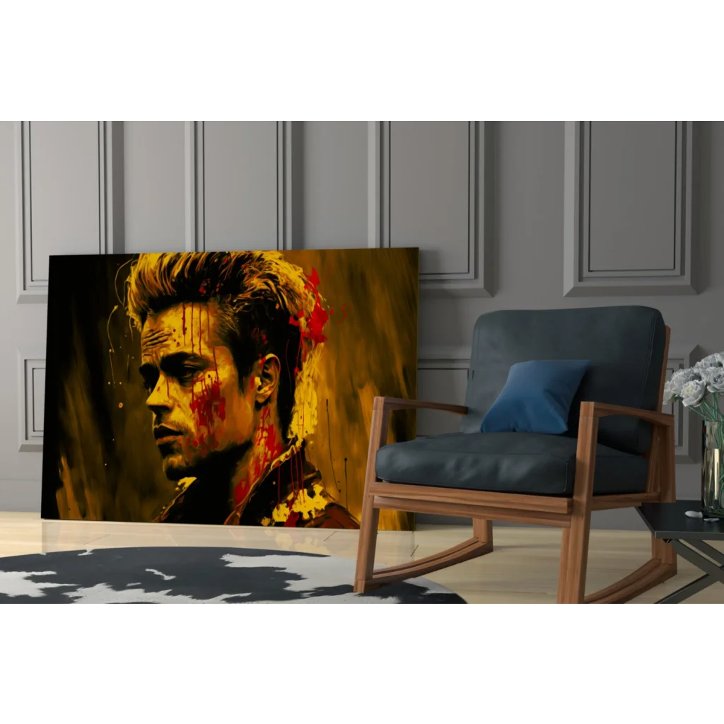 Stylized Brad Pitt glass wall art print with golden red splatters on dark background