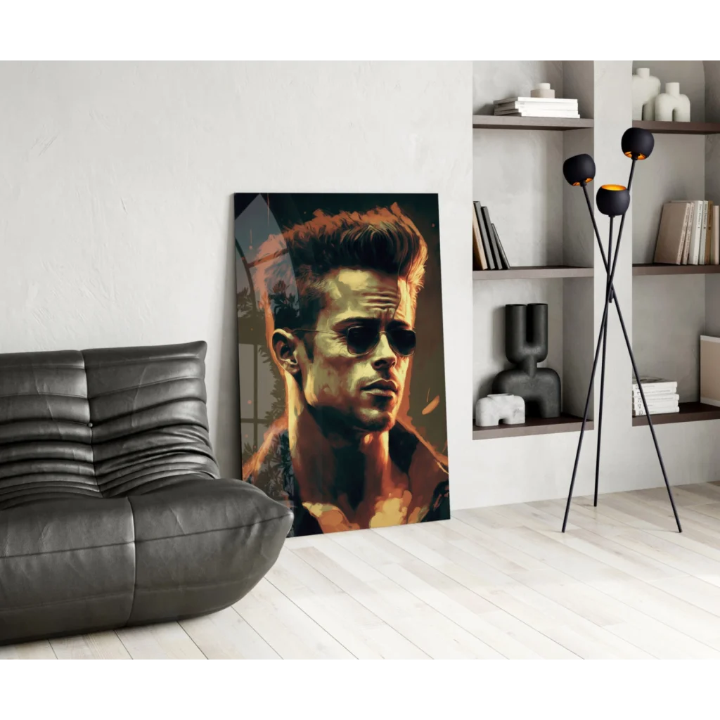 Stylized Brad Pitt sunglasses portrait on glossy glass wall art