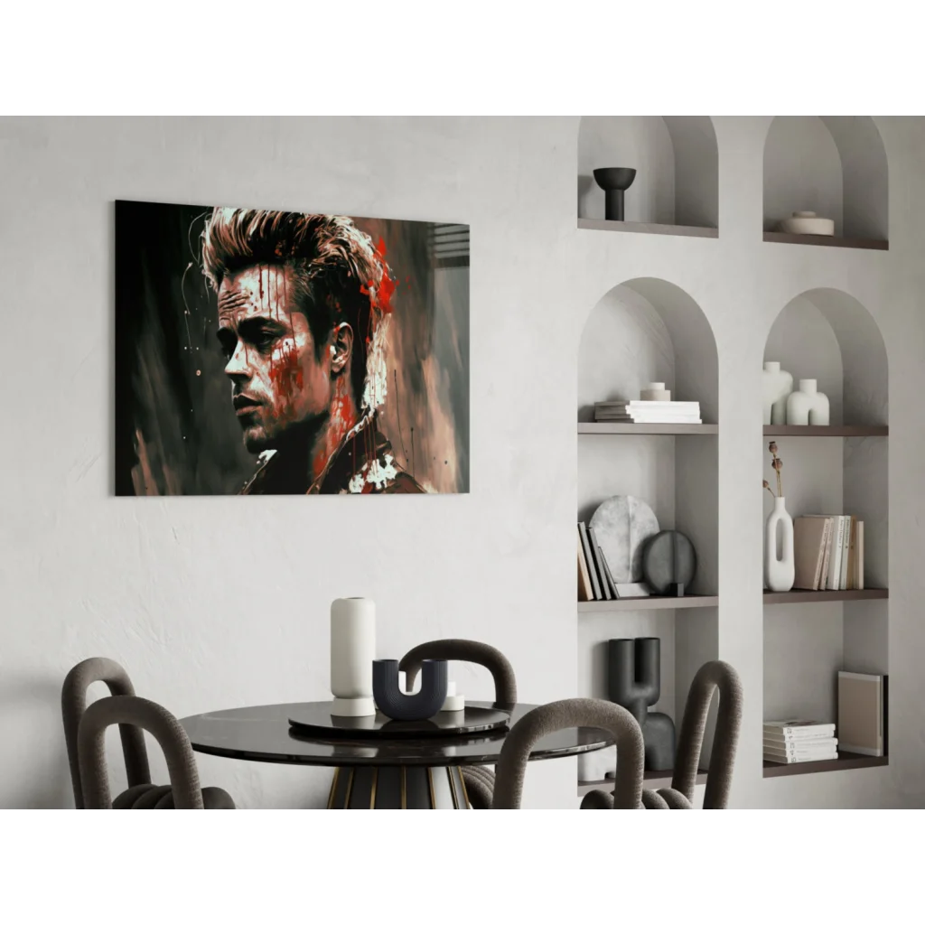 Stylized black-and-white Brad Pitt glass wall art with red splatters
