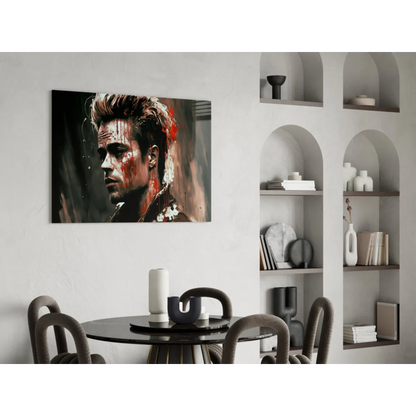 Stylized black-and-white Brad Pitt glass wall art with red splatters