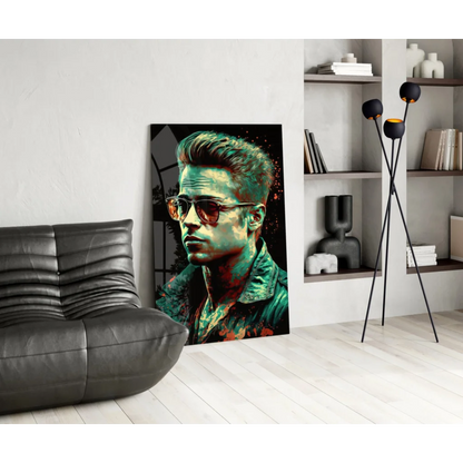 Brad Pitt pop art glass wall art portrait in sunglasses and green jacket