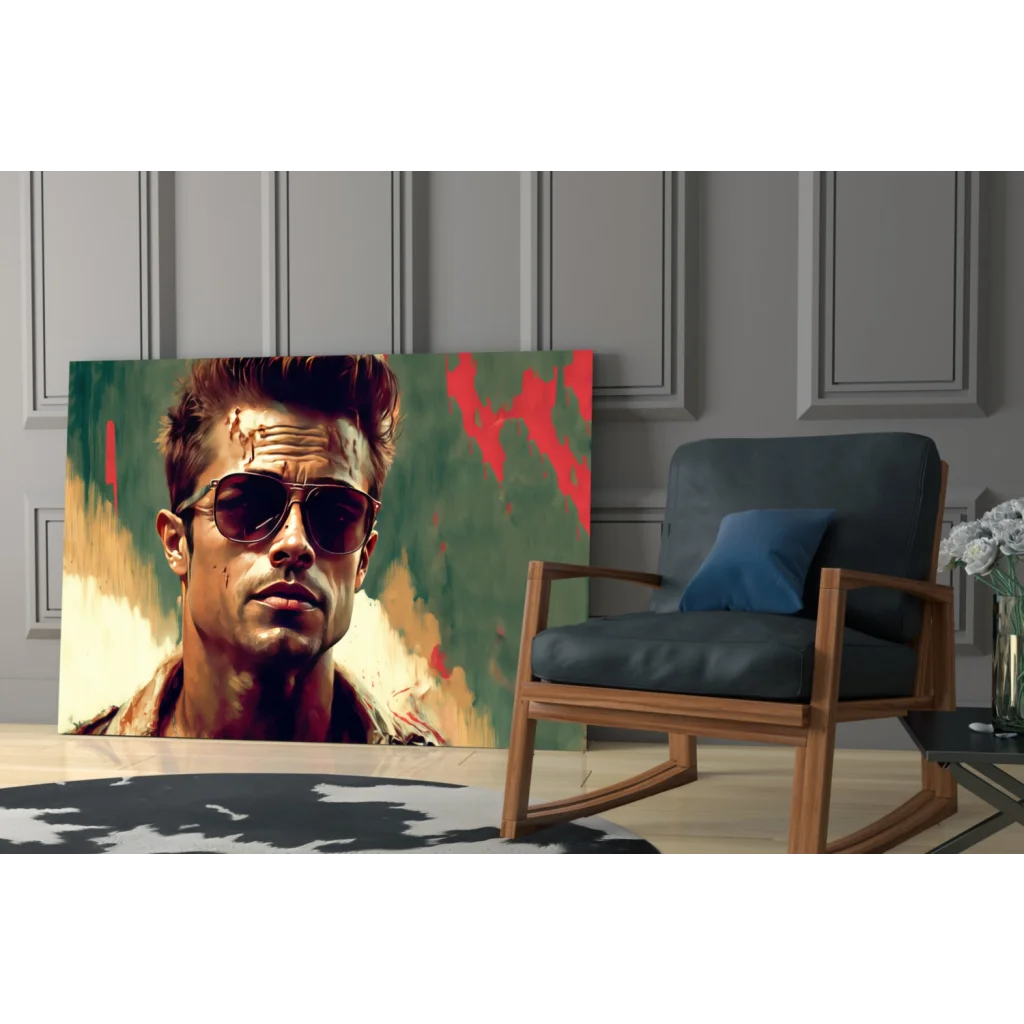 Vibrant Brad Pitt aviator pop art canvas wall art print with bold splashes