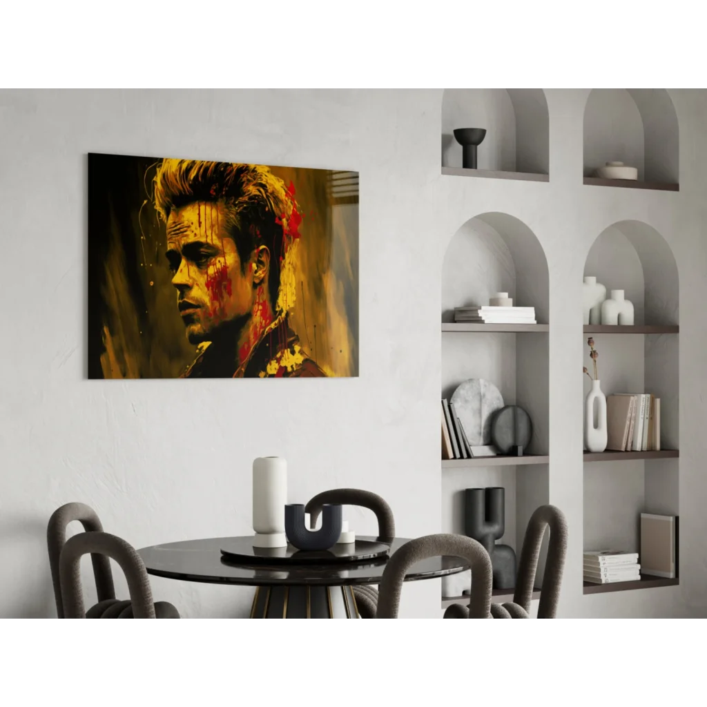 Stylized Brad Pitt glass wall art print with golden red paint splatters