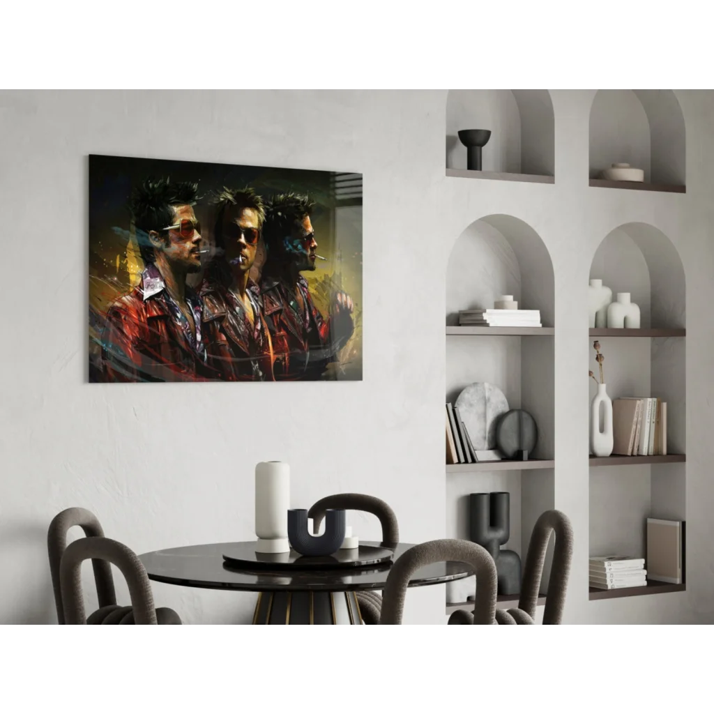 Vibrant glass wall art print of three men in red leather jackets