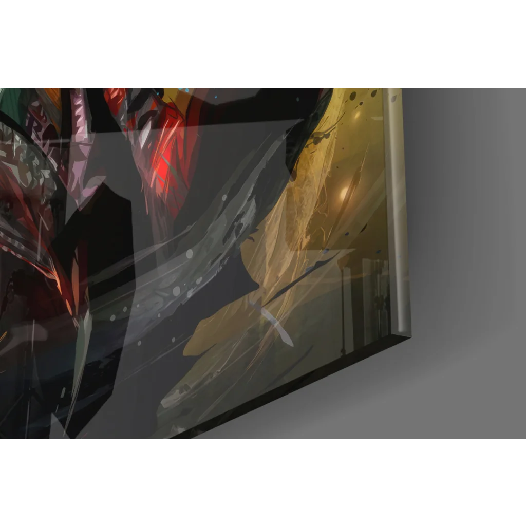 Fiery abstract glass wall art print in reds and gold on dark background
