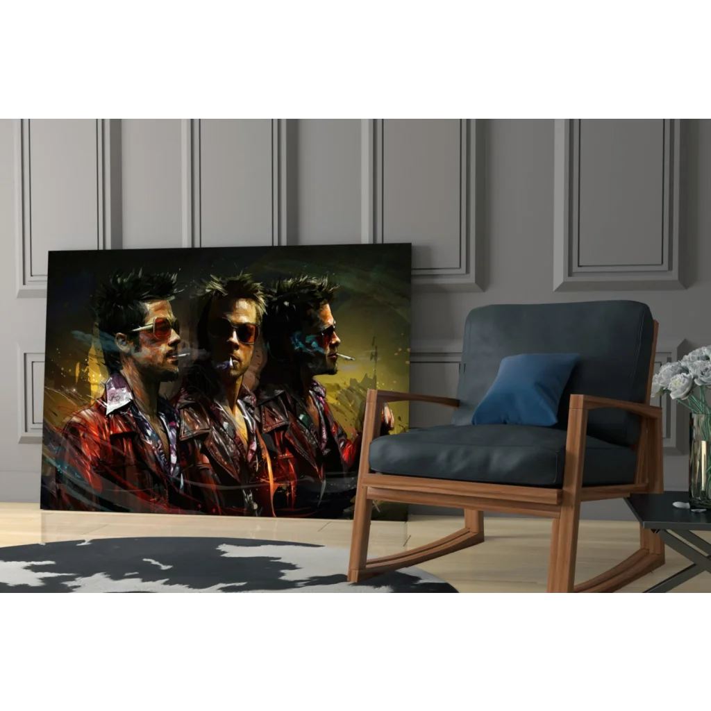Stunning glass wall art of Brad Pitt portraits in red jacket