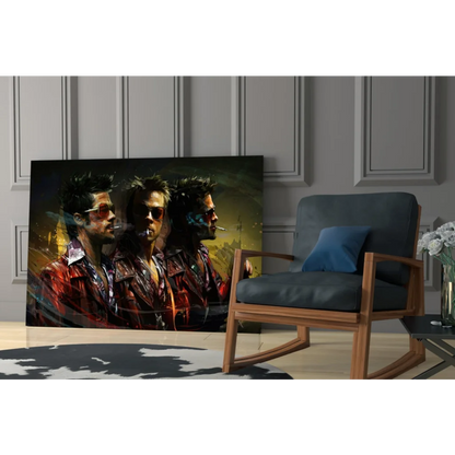 Stunning glass wall art of Brad Pitt portraits in red jacket