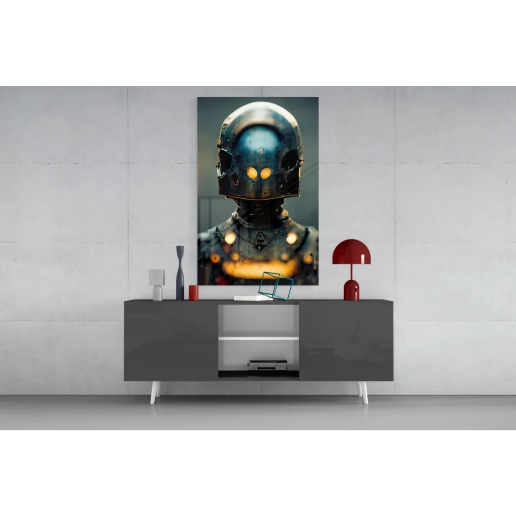 Sleek metallic robot head in glowing futuristic glass wall art