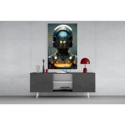 Sleek metallic robot head in glowing futuristic glass wall art