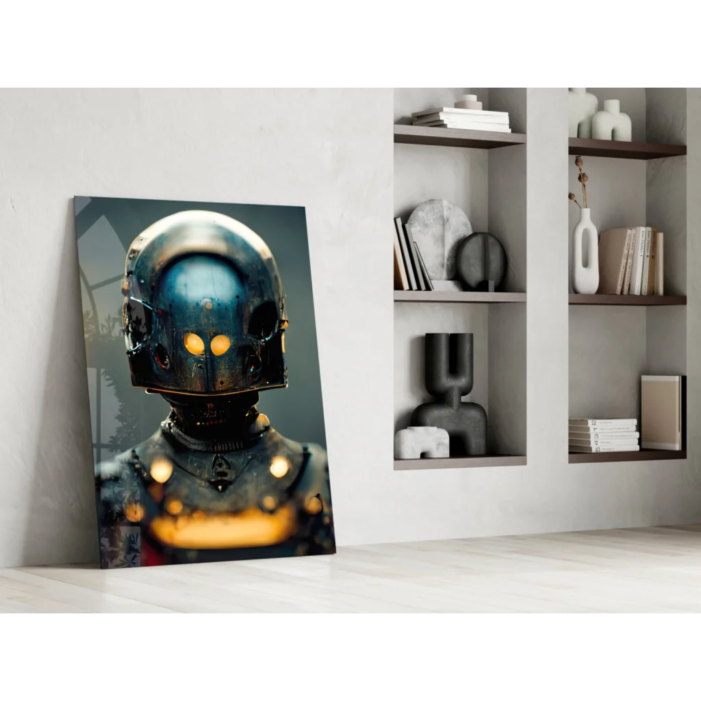 Sleek metallic blue robot helmet with glowing amber eyes in glass wall art