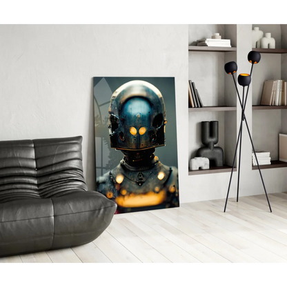 Sleek metallic blue robot with glowing amber eyes on glass wall art