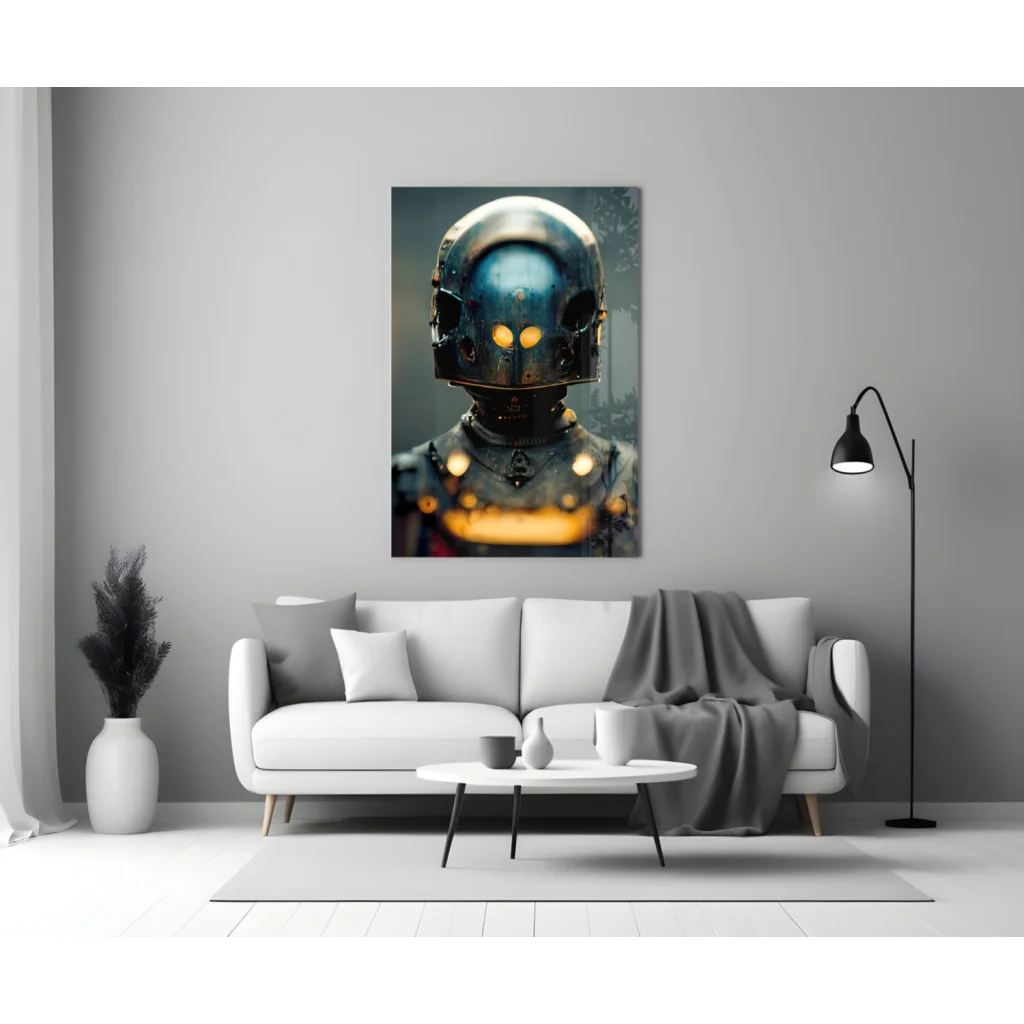 Glowing Futuristic Armor Helmet Glass Wall Art | Modern Wall Art Decor | vintageantiquesgifts.com