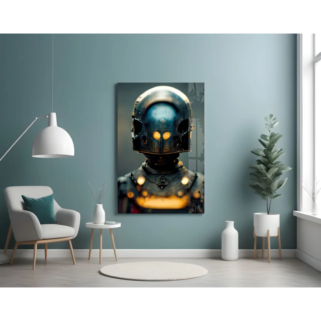 Glowing Futuristic Armor Helmet Glass Wall Art | Contemporary Home Wall Art | vintageantiquesgifts.com