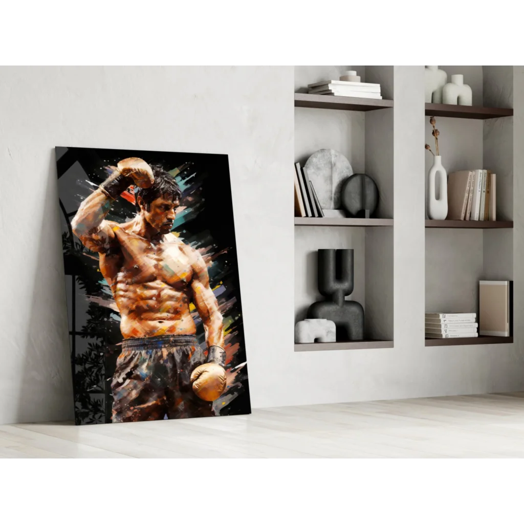Vibrant muscular boxer in dynamic pose on explosive canvas wall art