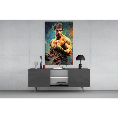 Vibrant Rocky Balboa boxer canvas wall art in bold teal and orange hues