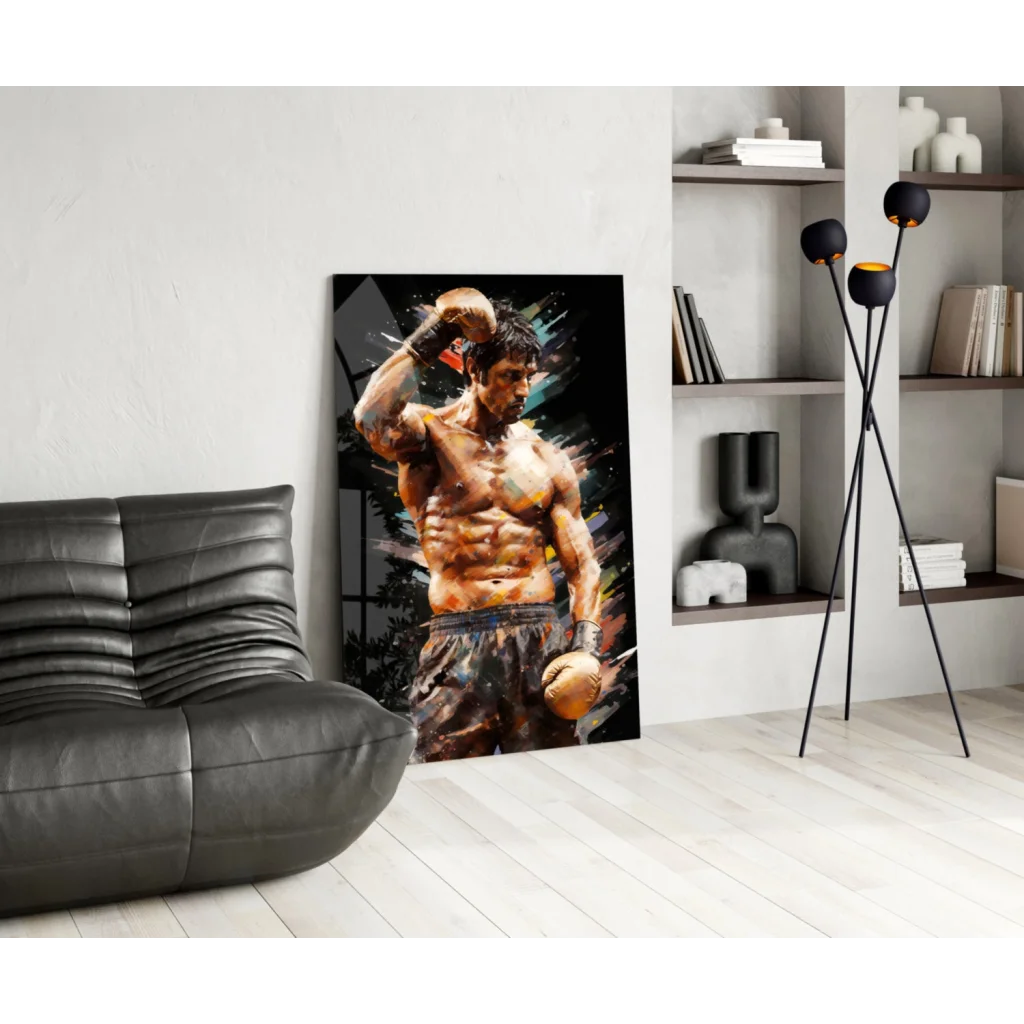 Vibrant boxer canvas wall art with bold watercolor splashes