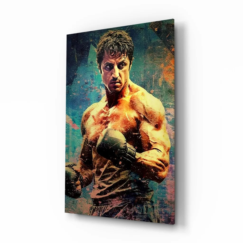Vibrant Rocky Balboa boxing canvas wall art in bold teal and orange