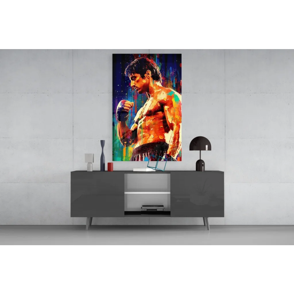Vibrant boxer wall art canvas in bold orange blue watercolor splashes