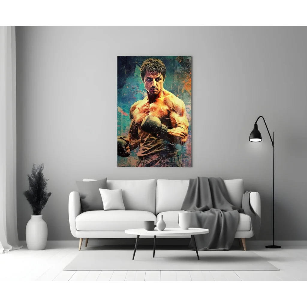 Vibrant Rocky Balboa boxer canvas wall art in bold teal orange hues