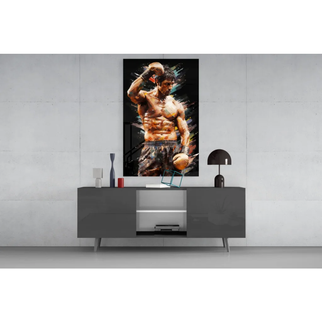 Vibrant watercolor boxer punch wall art canvas print in bold orange tones