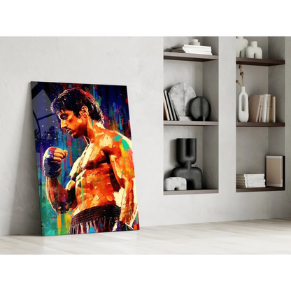 Vibrant boxer in explosive watercolor wall art with bold orange, blue, green splashes