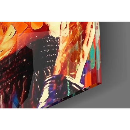 Vibrant explosive boxer glass wall art with bold orange watercolor splashes