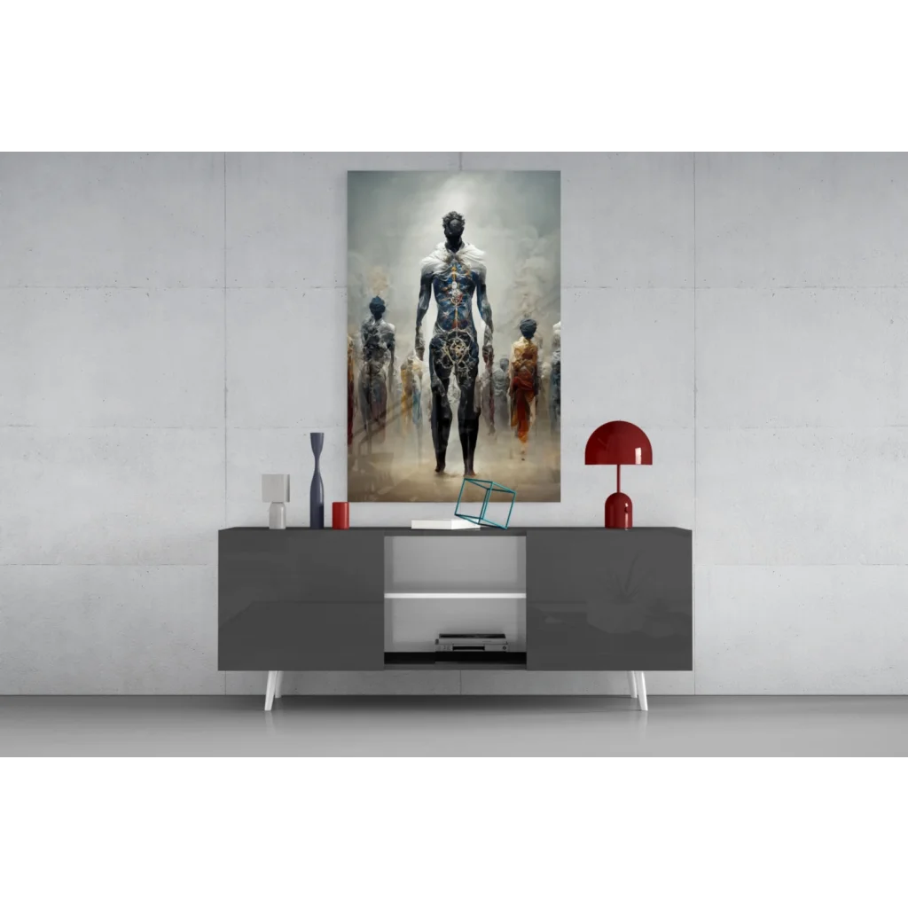 Glowing circuit figure glass wall art with blue gold patterns